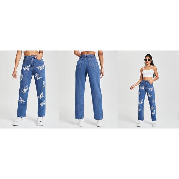 Shein Medium High Waist Butterfly Straight Leg Jeans Medium Blue Denim - Picture 7 of 7